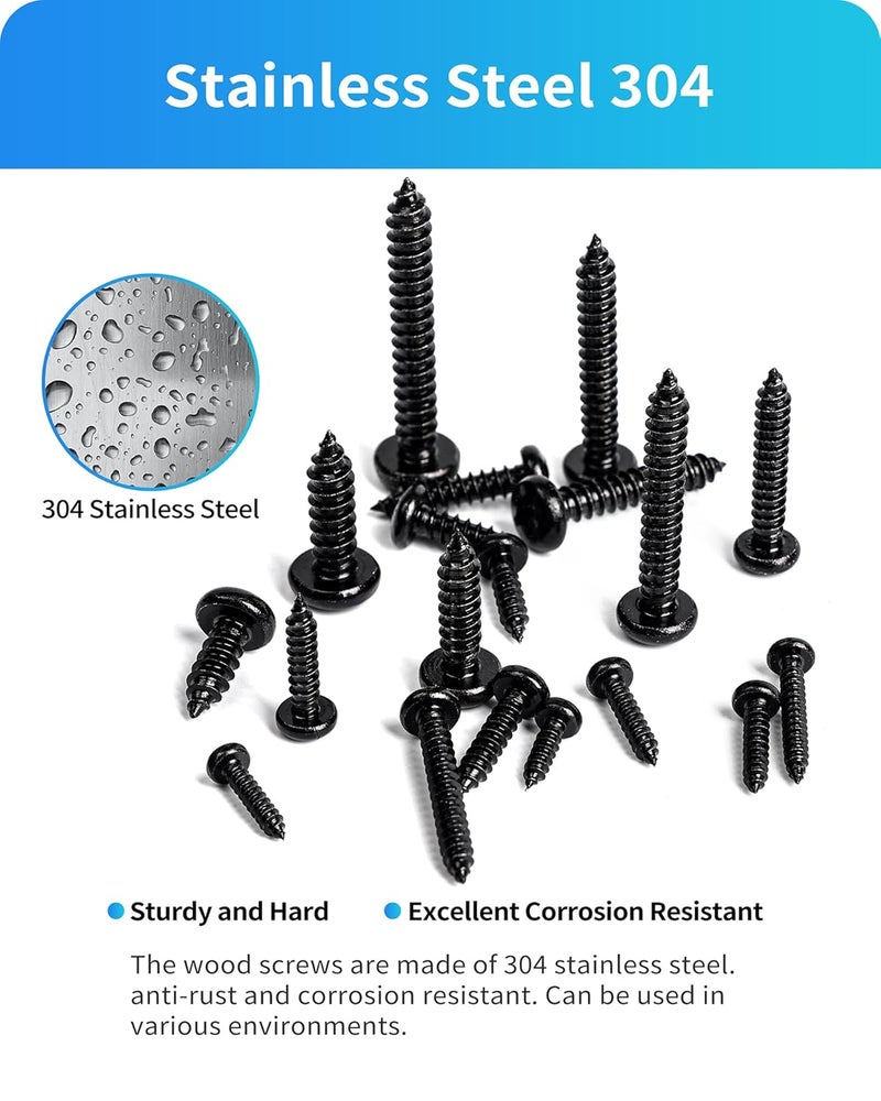 DIVANC 550Pcs 304 Stainless Steel Black Wood Screws Assortment Kit, Phillips Pan Head Sheet Metal Screw Self Tapping Screws Set, #4#6#8#10#12 Wood Assorted Screws (Black-Pan Head 550PCS) - Image 4